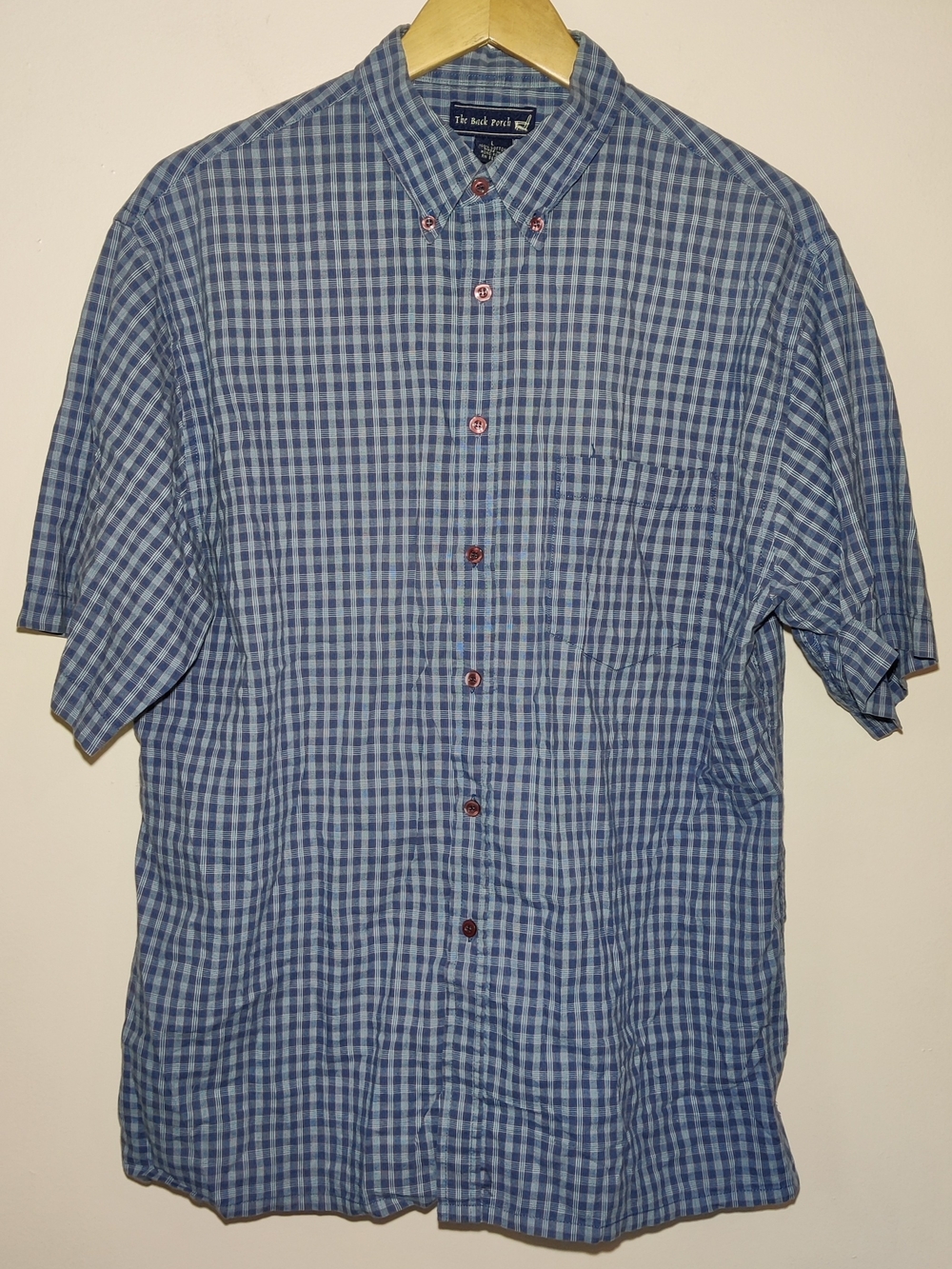 Vintage The Back Porch Mens Large Blue Plaid Check Button Down Short Sleeve